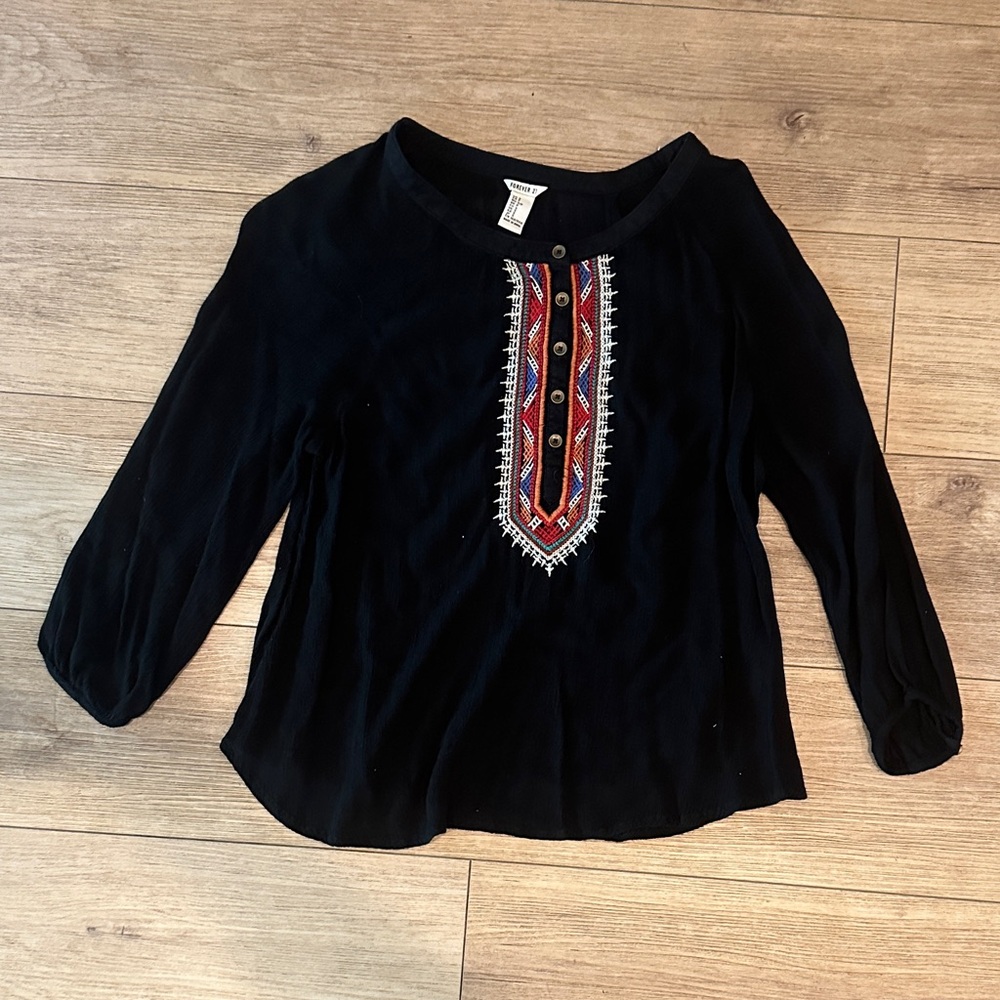 Forever 21 Black Top with Red & Blue Embroidered Placket